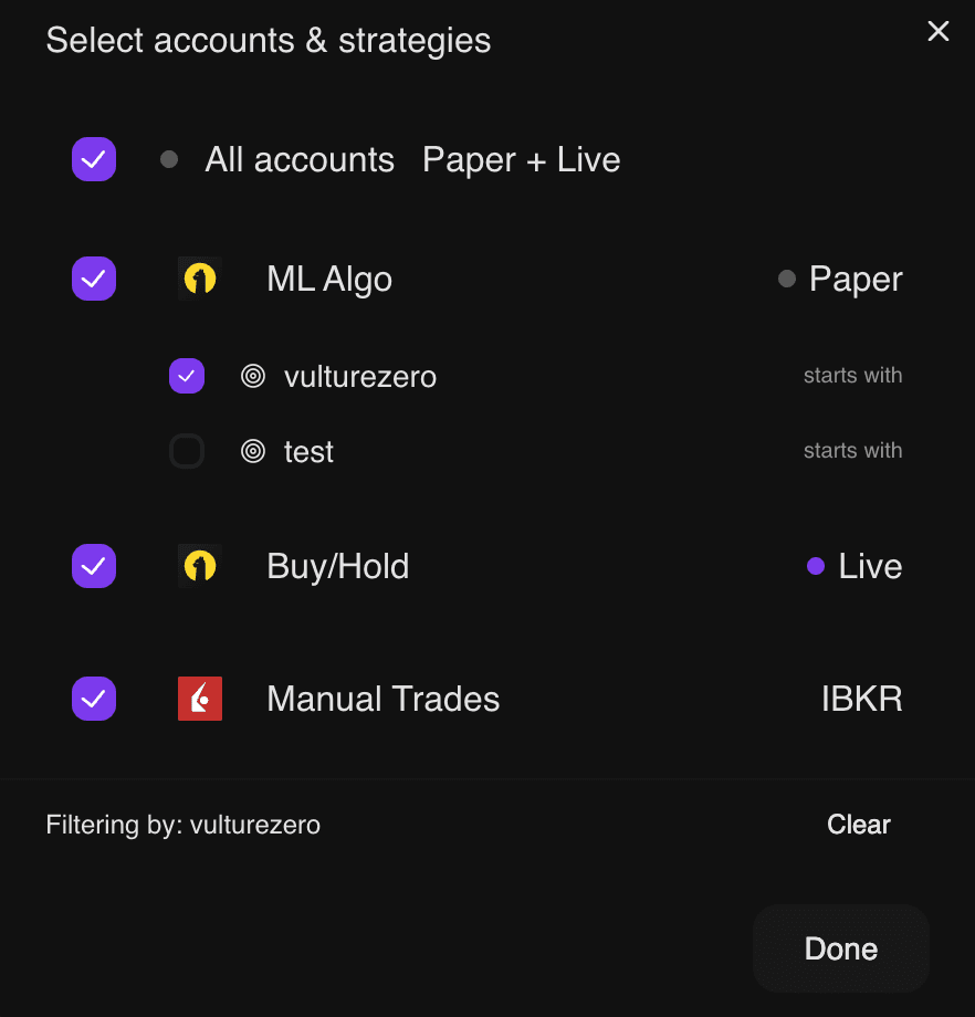 Account and strategy selector showing connected brokerage accounts