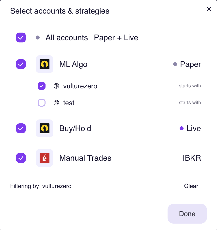 Account and strategy selector showing connected brokerage accounts